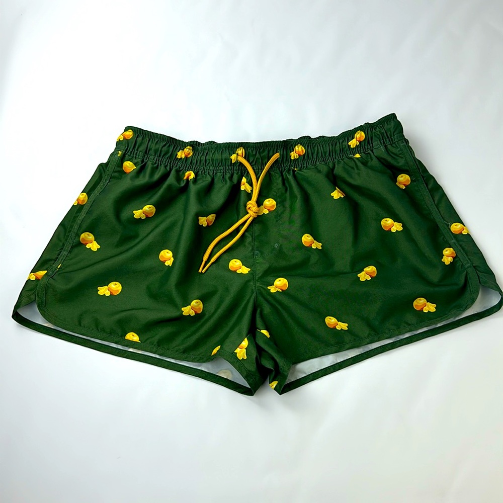 H&M Men’s Swim Trunks. Green with Orange’s. Size Large. Mesh Liner. Drawstring.